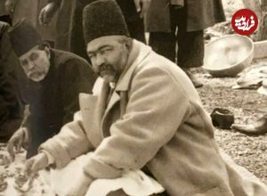 عکس؛ سفر به تاریخ؛ «اتابک، صدراعظم ناصرالدین شاه» در حال قلیان‌کشی در لواسانات