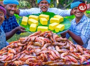 ببینید؛ غذای روستایی در هند؛ پخت یک غذای سنتی با میگو، سیر و کره