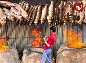 (ویدئو) غذای خیابانی در ازبکستان؛ روش سنتی ازبک ها برای کباب کردن ماهی