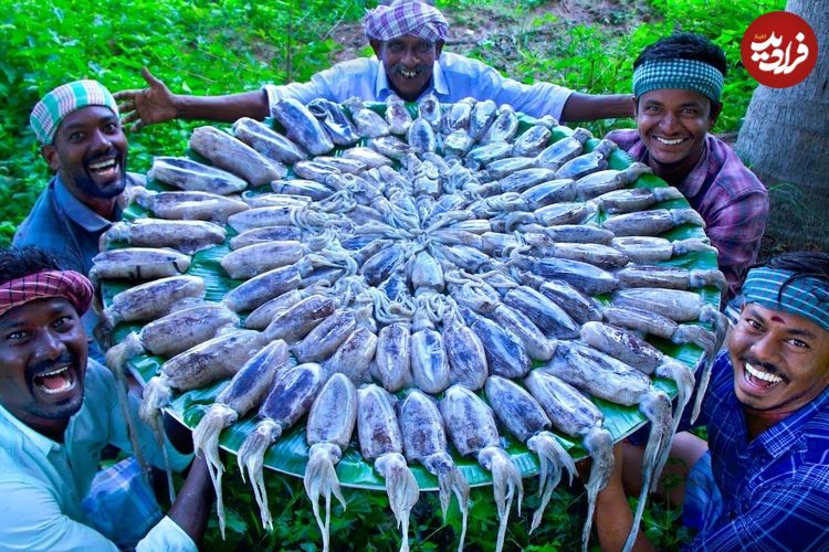ببینید؛ غذای روستایی در هند؛ پخت یک غذای سنتی با 30 کیلو ماهی مرکب