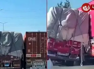 ببینید| صحنه‌ای باورنکردنی؛ راننده تریلی، کامیون در حال سقوط را نجات داد