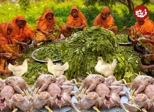 ببینید| غذای روستایی در هند؛ پخت یک غذای سنتی با 100 کیلو مرغ و اسفناج