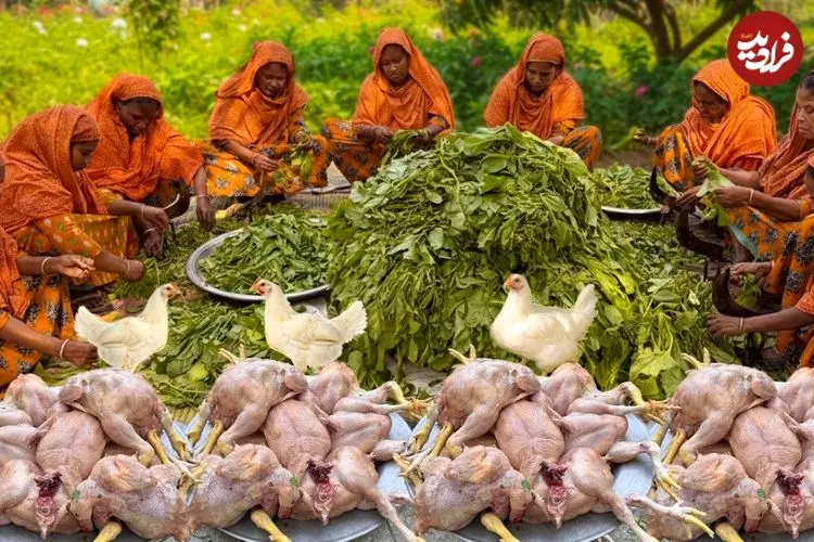 ببینید| غذای روستایی در هند؛ پخت یک غذای سنتی با 100 کیلو مرغ و اسفناج