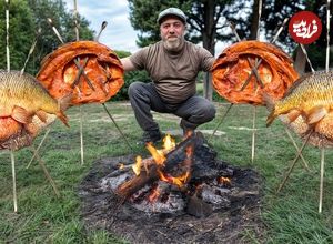 ببینید| غذای روستایی در آذربایجان؛ کباب کردن ماهی کپور روی آتش در طبیعت