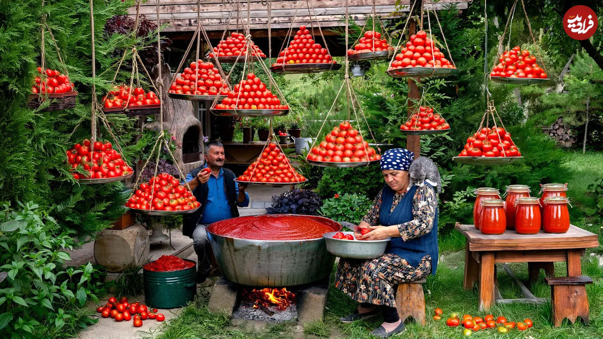 (ویدئو) فرآیند پخت «رُب» با 50 کیلو گوجه توسط زوج روستایی آذربایجانی