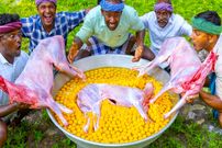 ببینید؛ غذای روستایی در هند؛ پخت یک املت غول پیکر با گوشت بره و تخم مرغ