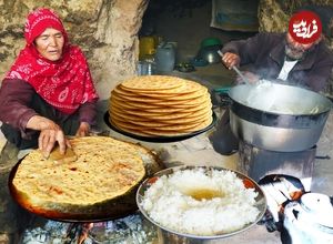 ببینید؛ غذای روستایی در افغانستان؛ پخت شیربرنج و نان لواش روی تنور در غار