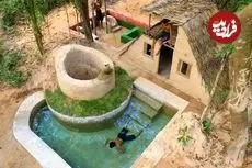 ببینید| فرآیند ساخت یک کلبه با چاه آب، استخر و اتاق بدنسازی در جنگل های کامبوج