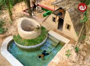 ببینید| فرآیند ساخت یک کلبه با چاه آب، استخر و اتاق بدنسازی در جنگل های کامبوج