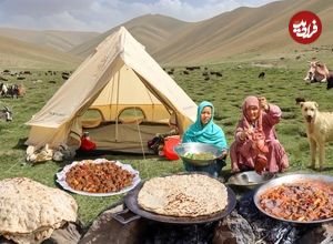 ببینید؛ غذای عشایری در افغانستان؛ پخت واوایشکای جگر و سبزیجات کنار آب بندان