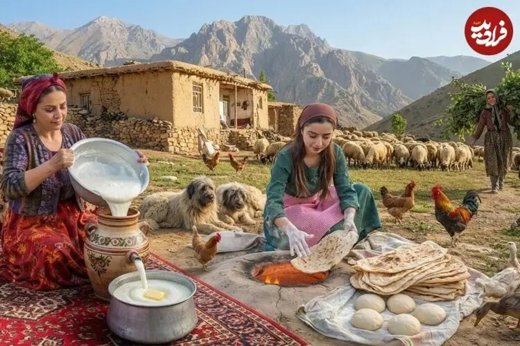 ببینید| غذای روستایی در ایران؛ پخت عدسی و نان تافتون و تهیه کره تازه