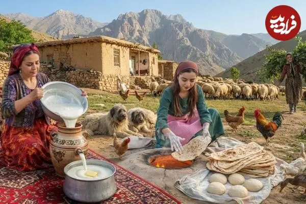 ببینید| غذای روستایی در ایران؛ پخت عدسی و نان تافتون و تهیه کره تازه