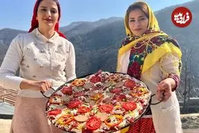 ببینید| غذای روستایی در ایران؛ پخت پیتزا بزرگ خانگی در طبیعت کوهستانی روستا