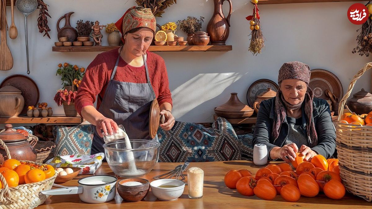ببینید؛ غذای روستایی در آذربایجان؛ برداشت خرمالو و تهیه کیک پای با آن ها