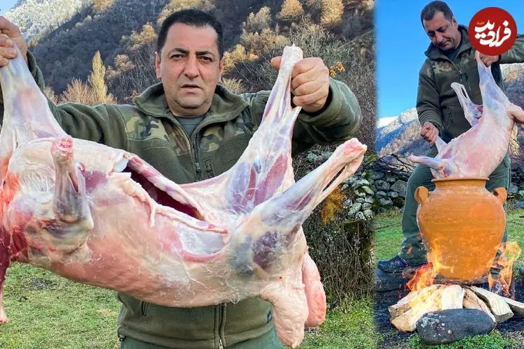 ببینید| غذای روستایی در آذربایجان؛ پخت یک غذای خاص با گوشت بره در کوزه