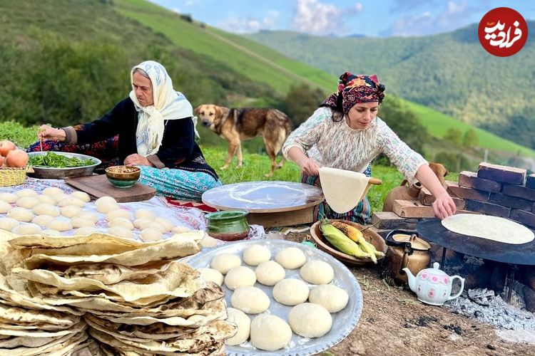 ببینید| غذای روستایی در ایران؛ پخت نان تافتون روی ساج و عدسی در طبیعت