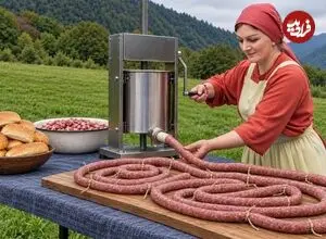 ببینید| غذای روستایی در آذربایجان؛ مراحل دیدنی تهیه ساندویچ هات داگ در طبیعت