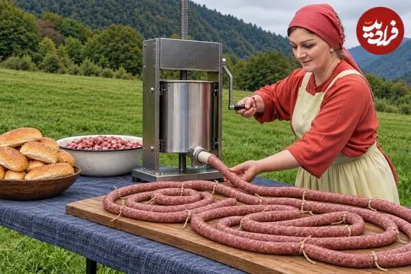 ببینید| غذای روستایی در آذربایجان؛ مراحل دیدنی تهیه ساندویچ هات داگ در طبیعت