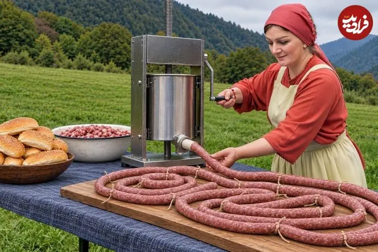 ببینید| غذای روستایی در آذربایجان؛ مراحل دیدنی تهیه ساندویچ هات داگ در طبیعت