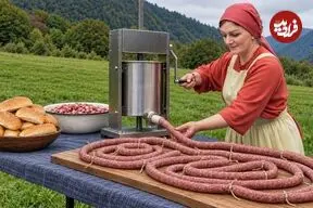 ببینید| غذای روستایی در آذربایجان؛ مراحل دیدنی تهیه ساندویچ هات داگ در طبیعت