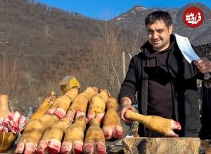 (ویدئو) نحوه پخت یک غذای سنتی با پاچه های بزرگ گاو به روش آشپز روستایی قفقازی