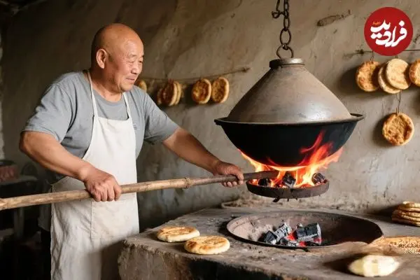 ببینید| غذای روستایی در چین؛ پخت نان باستانی شائوبینگ در تنور آویزان روی آتش در چین