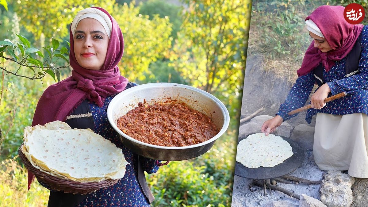 ببینید؛ غذای روستایی در ایران؛ پخت میرزاقاسمی و نان تافتون در طبیعت
