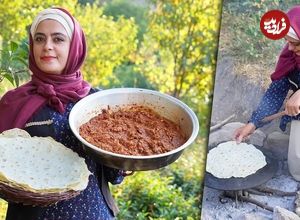 ببینید؛ غذای روستایی در ایران؛ پخت میرزاقاسمی و نان تافتون در طبیعت