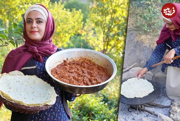ببینید؛ غذای روستایی در ایران؛ پخت میرزاقاسمی و نان تافتون در طبیعت