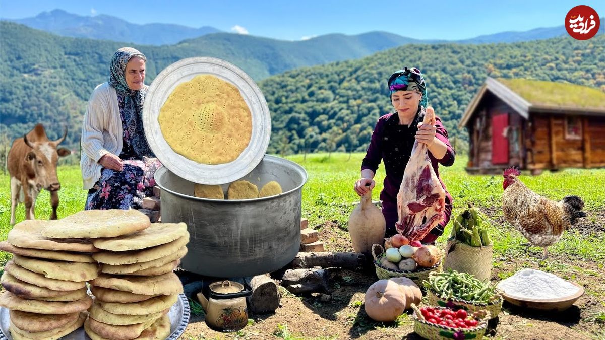 ببینید| غذای روستایی در ایران؛ تهیه نان سنتی و پخت خورشت لوبیا و گوشت در طبیعت