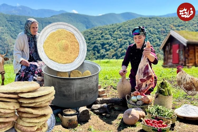 ببینید| غذای روستایی در ایران؛ تهیه نان سنتی و پخت خورشت لوبیا و گوشت در طبیعت