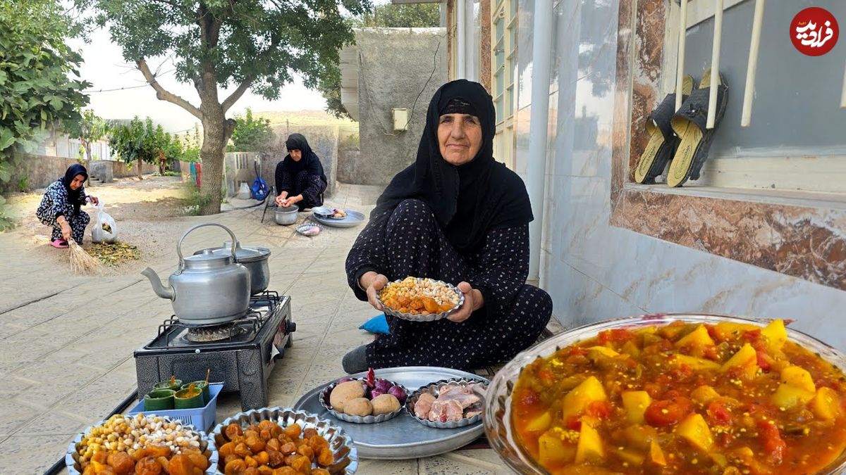 ببینید؛ غذای روستایی در ایران؛ پخت خورشت آلو با مرغ محلی توسط مادربزرگ ایلامی