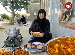 ببینید؛ غذای روستایی در ایران؛ پخت خورشت آلو با مرغ محلی توسط مادربزرگ ایلامی