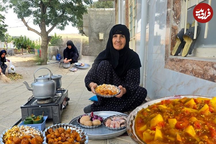 ببینید؛ غذای روستایی در ایران؛ پخت خورشت آلو با مرغ محلی توسط مادربزرگ ایلامی