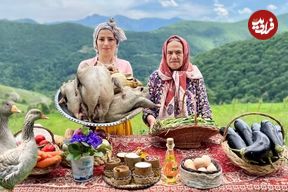 ببینید؛ غذای روستایی در ایران؛ کباب غاز شکم پر در تنور به همراه نان تازه
