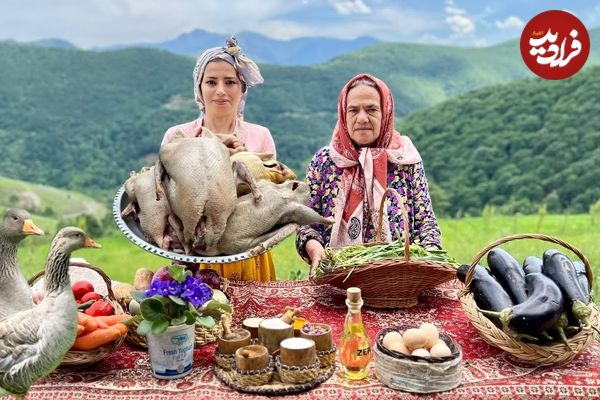 ببینید؛ غذای روستایی در ایران؛ کباب غاز شکم پر در تنور به همراه نان تازه