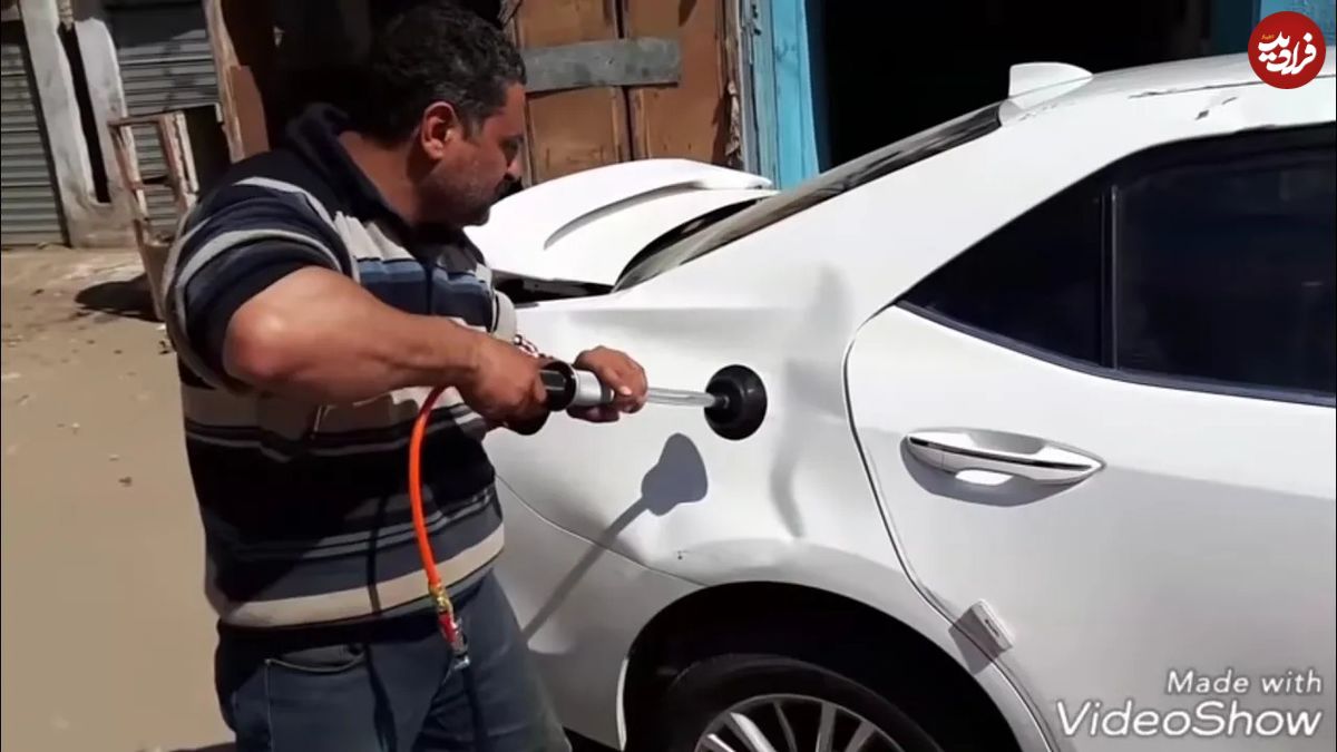 (ویدئو) روش سرعتی و خلاقانه استاد کویتی برای برگرداندن فرورفتگی گلگیر عقب خودرو