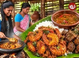 ببینید| غذای روستایی در هند؛ پخت یک غذای محلی با میگو و جگر گوسفند