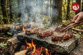 ببینید| غذای روستایی در انگلیس؛ پخت استیک روی سنگ همراه با تخم مرغ و سیب زمینی