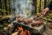 ببینید| غذای روستایی در انگلیس؛ پخت استیک روی سنگ همراه با تخم مرغ و سیب زمینی