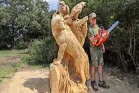 ببینید| مراحل دیدنی ساخت مجسمه چوبی گرگ و دو کلاغ با اره برقی 
