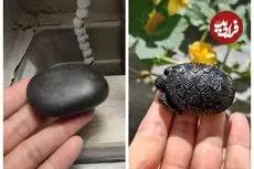 ببینید| فرآیند دیدنی ساخت مجسمه لاک پشت با یک تکه سنگ سیاه