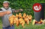 ببینید؛ غذای روستایی در آذربایجان؛ کباب کردن مرغ در بشکه فلزی در باغ